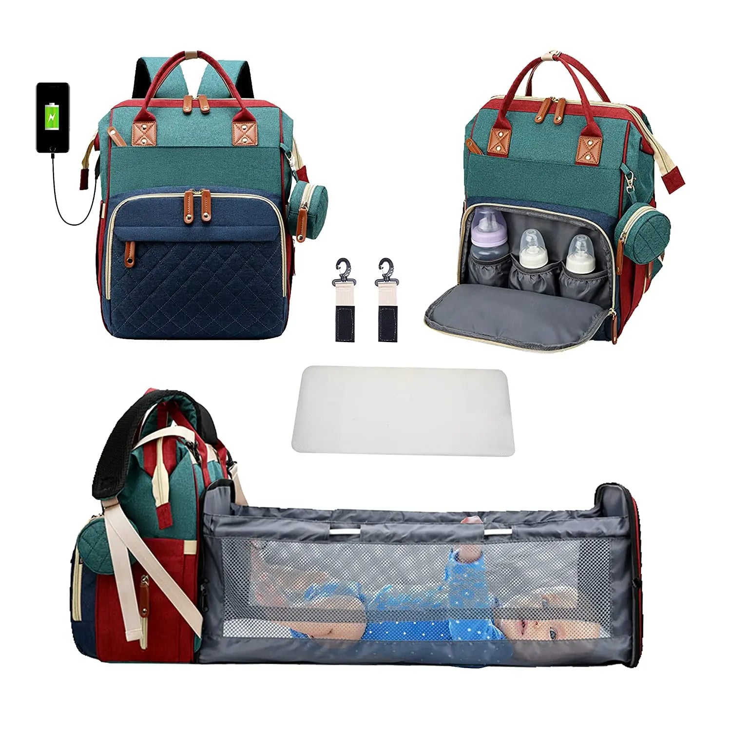 3-in-1-Wickeltasche-Rucksack, faltbares Babybett, wasserdichte Reisetasche mit USB-Aufladung, Wickeltasche-Rucksack mit Wickelbett, 3 Arten - FUXL-Shopify