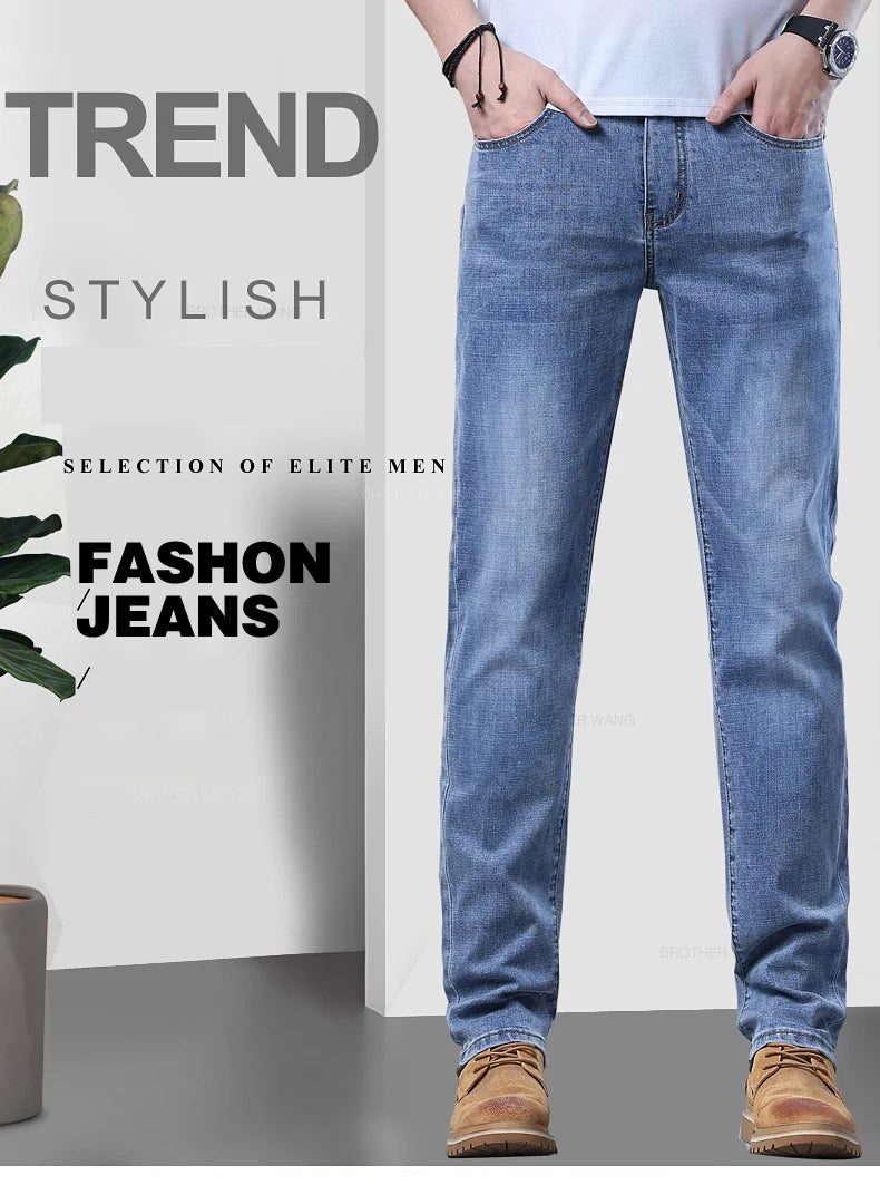 Frühlings-Herren-Jeans in Hellblau, schmal, stilvoll, lässig, Stretch-Stoff, Denim-Hose, klassische Hose, Rauchgrau