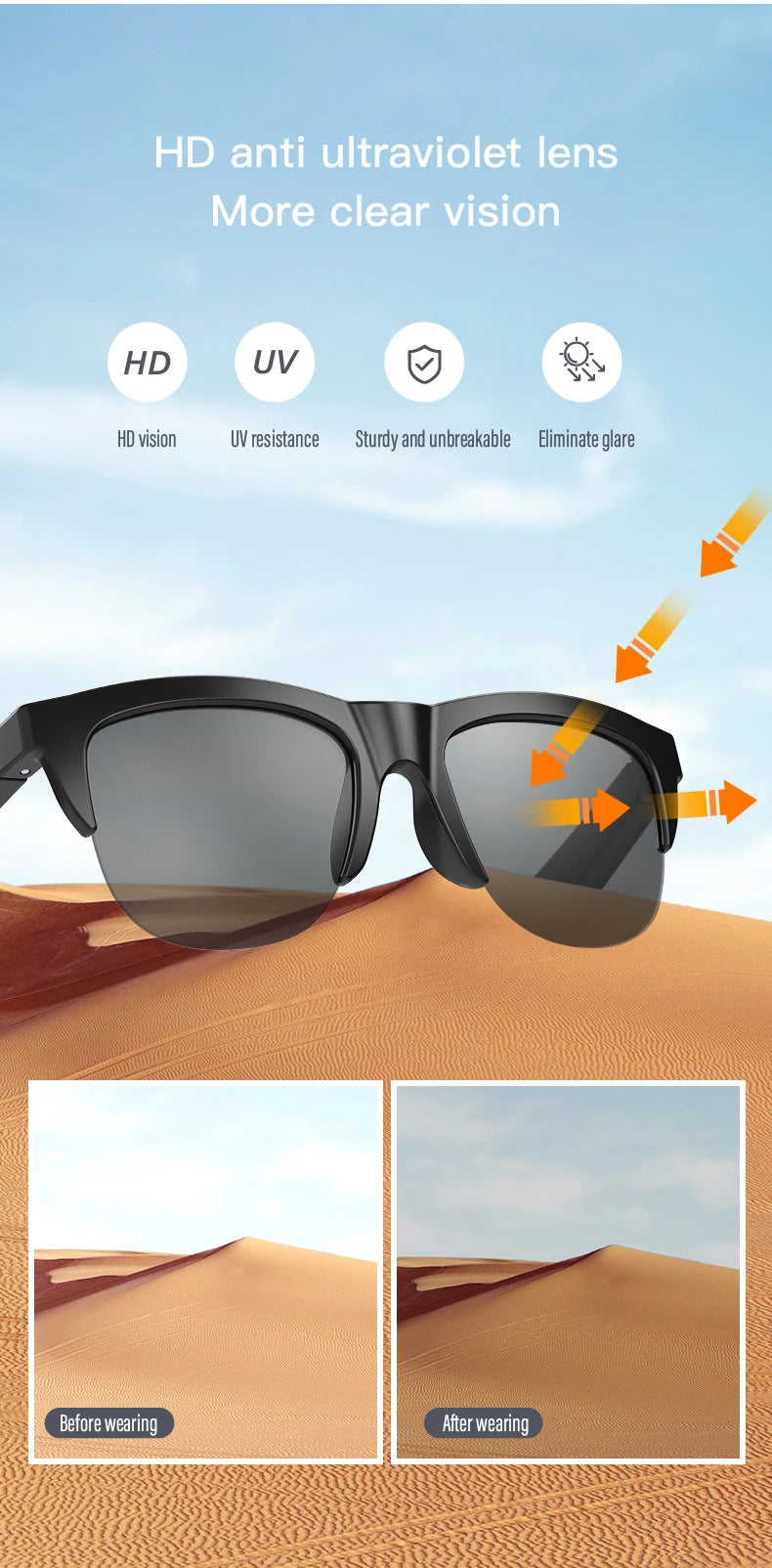 Intelligente Bluetooth-Brille auf Touch-Basis mit Knochenleitung für Outdoor-Sportanrufe, Sonnenbrillen, kabellose Business-Kopfhörer