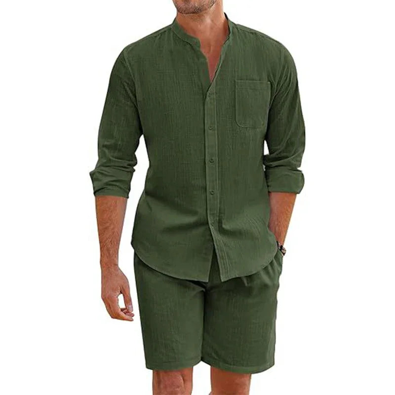 Sommer männer Casual Sets Atmungsaktive Baumwolle Leinen Vintage Stehkragen Shirts + Shorts Sets Männer Atmungsaktivem Strand Anzüge