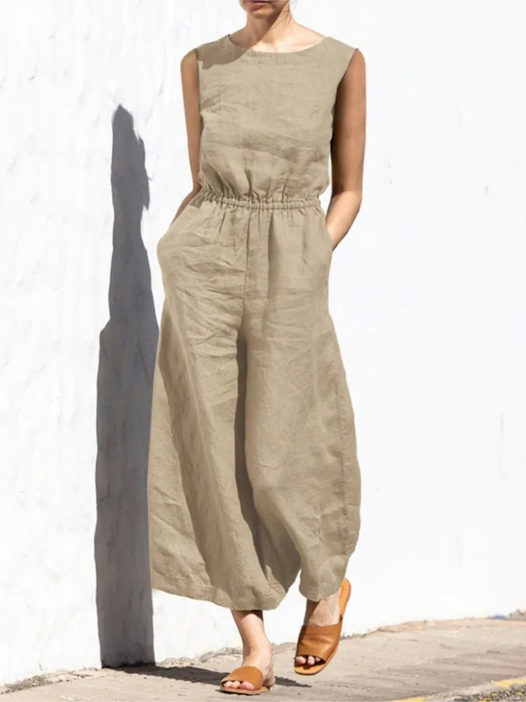 Baumwolle Und Leinen Overall Frauen Einfarbig Ärmellose Tasche Hohe Taille Breite Beine Overalls Casual Pendeln Damen Bodys