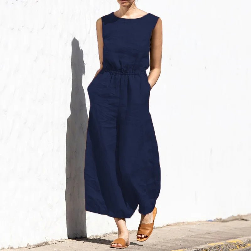 Baumwolle Und Leinen Overall Frauen Einfarbig Ärmellose Tasche Hohe Taille Breite Beine Overalls Casual Pendeln Damen Bodys