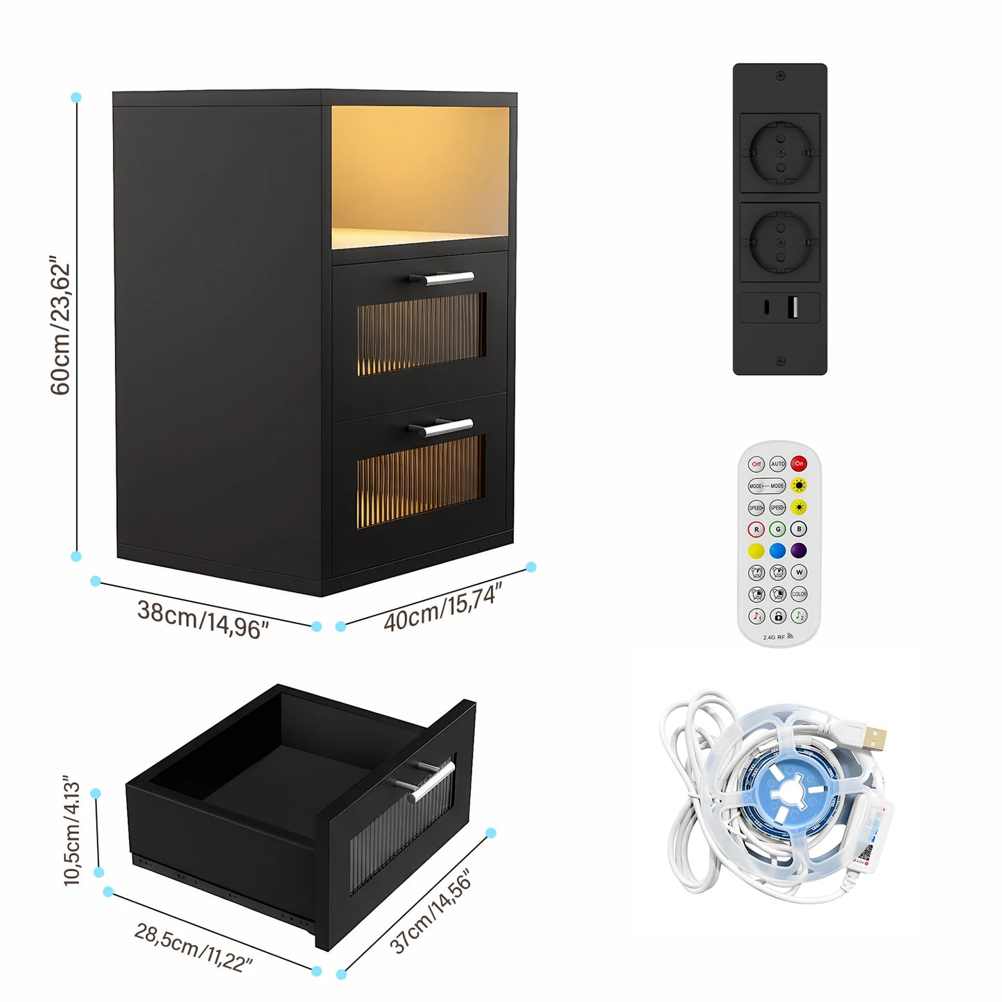 LED-Nachttisch mit 2 Schubladen & Ladestation - Moderner Beistelltisch für Schlafzimmer - Nachtkommode mit Beleuchtung in Schwarz & Weiß