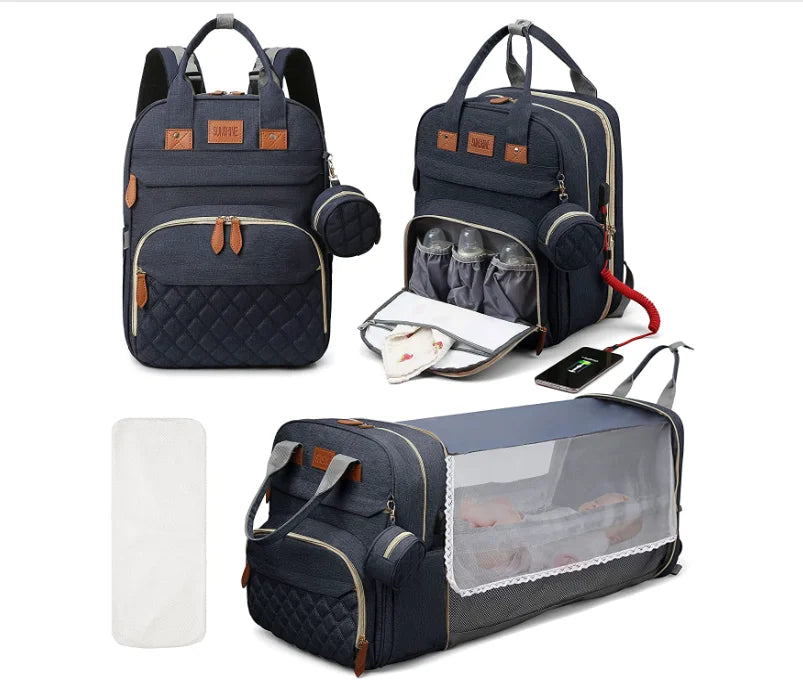 3-in-1-Wickeltasche-Rucksack, faltbares Babybett, wasserdichte Reisetasche mit USB-Aufladung, Wickeltasche-Rucksack mit Wickelbett, 3 Arten - FUXL-Shopify