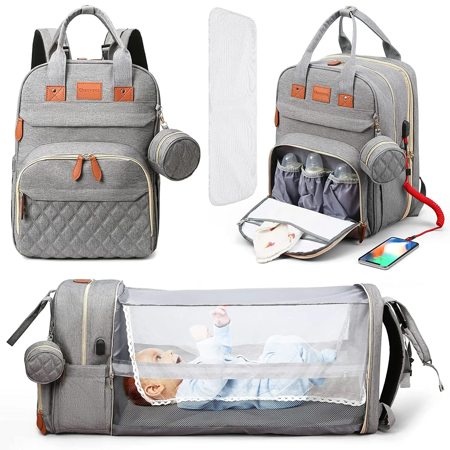 3-in-1-Wickeltasche-Rucksack, faltbares Babybett, wasserdichte Reisetasche mit USB-Aufladung, Wickeltasche-Rucksack mit Wickelbett, 3 Arten - FUXL-Shopify