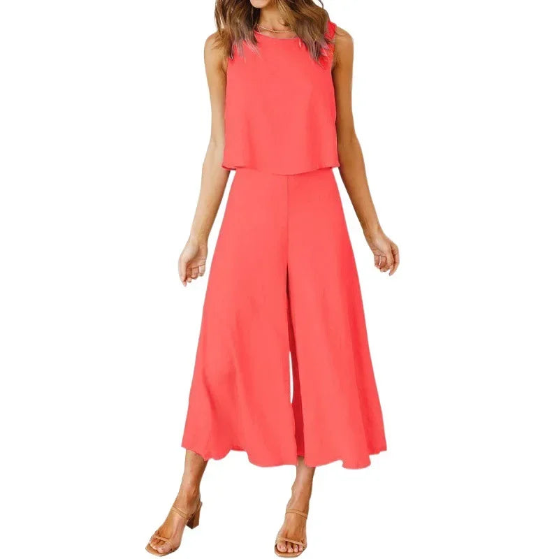 Neue 2025 frauen Sommer 2 Stück Set rundhals Kurze Reine Farbe Breite Bein Hosen Anzug Elegante Modische Casual komfortable
