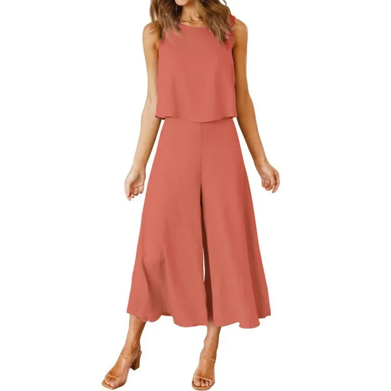 Neue 2025 frauen Sommer 2 Stück Set rundhals Kurze Reine Farbe Breite Bein Hosen Anzug Elegante Modische Casual komfortable