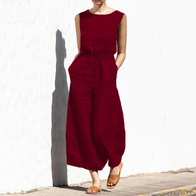 Baumwolle Und Leinen Overall Frauen Einfarbig Ärmellose Tasche Hohe Taille Breite Beine Overalls Casual Pendeln Damen Bodys