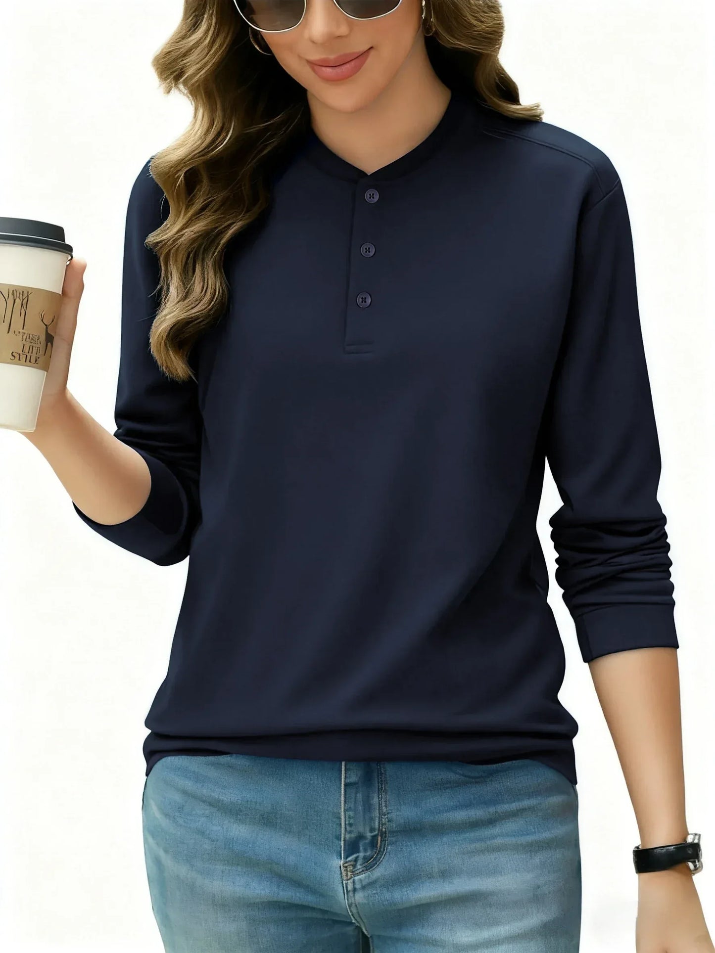 Einfarbiges Baumwoll-Henley Shirt für Damen – Y2K Stil, lange Ärmel, Herbstmode, Casual Streetwear, Knopfdesign, Allround-Style - FUXLShop