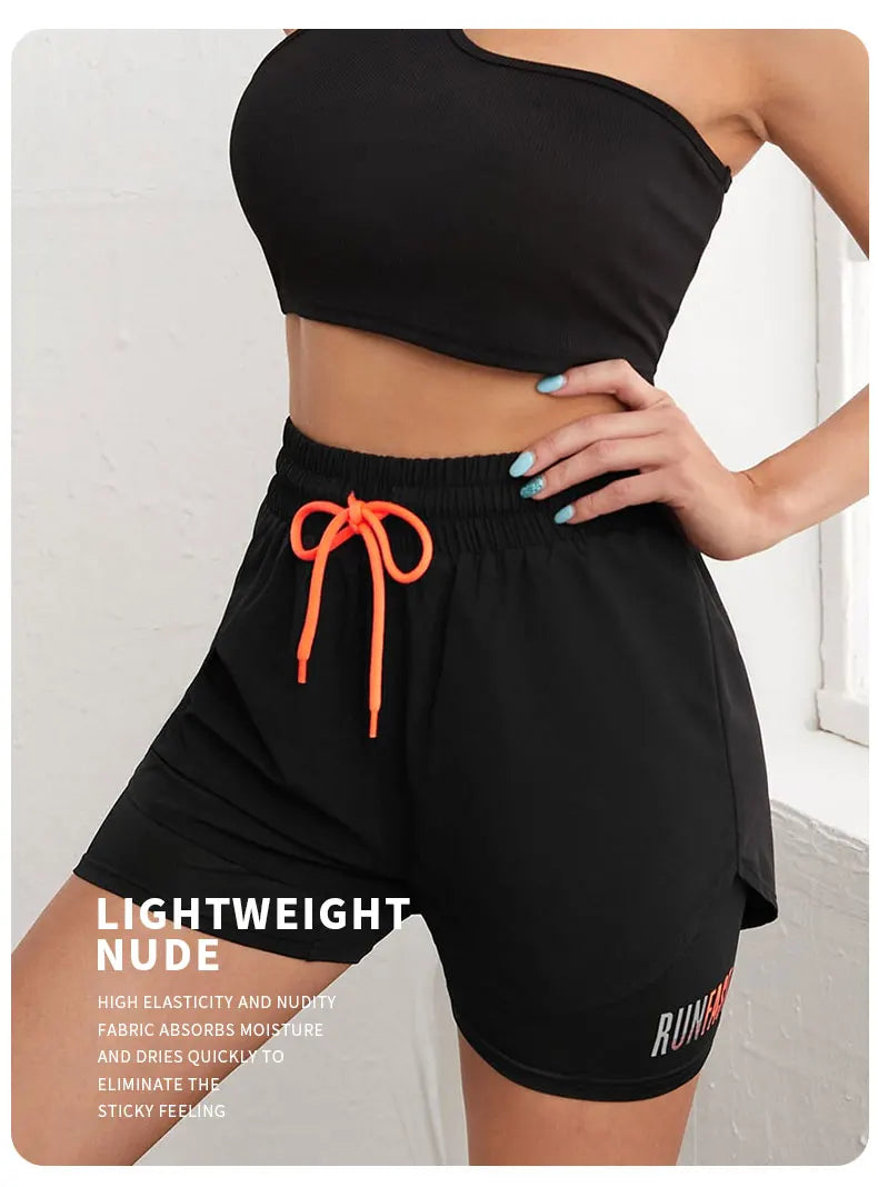 Damen-Yoga-Shorts mit hohem Bund und elastischer Laufshorts mit Näherungskontrolle, gefälschte zweiteilige Hose