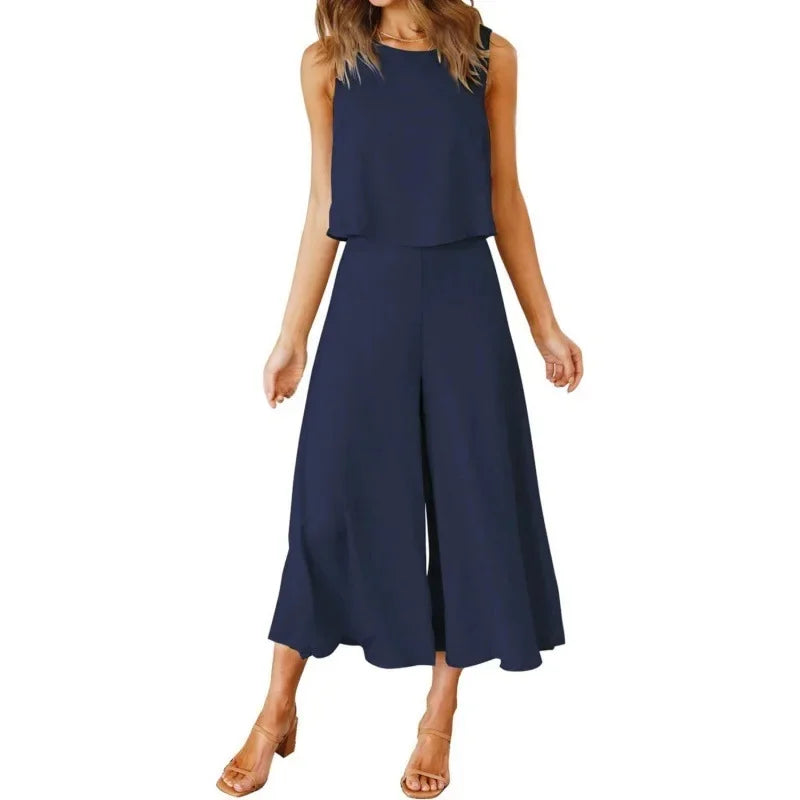 Neue 2025 frauen Sommer 2 Stück Set rundhals Kurze Reine Farbe Breite Bein Hosen Anzug Elegante Modische Casual komfortable
