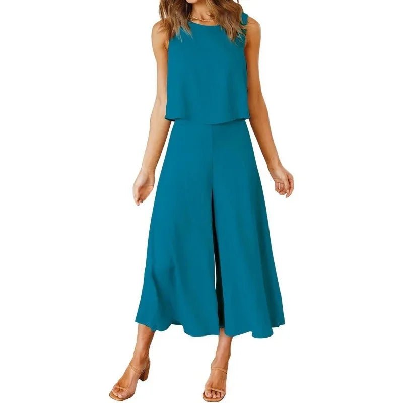 Neue 2025 frauen Sommer 2 Stück Set rundhals Kurze Reine Farbe Breite Bein Hosen Anzug Elegante Modische Casual komfortable - FUXL - Shopify