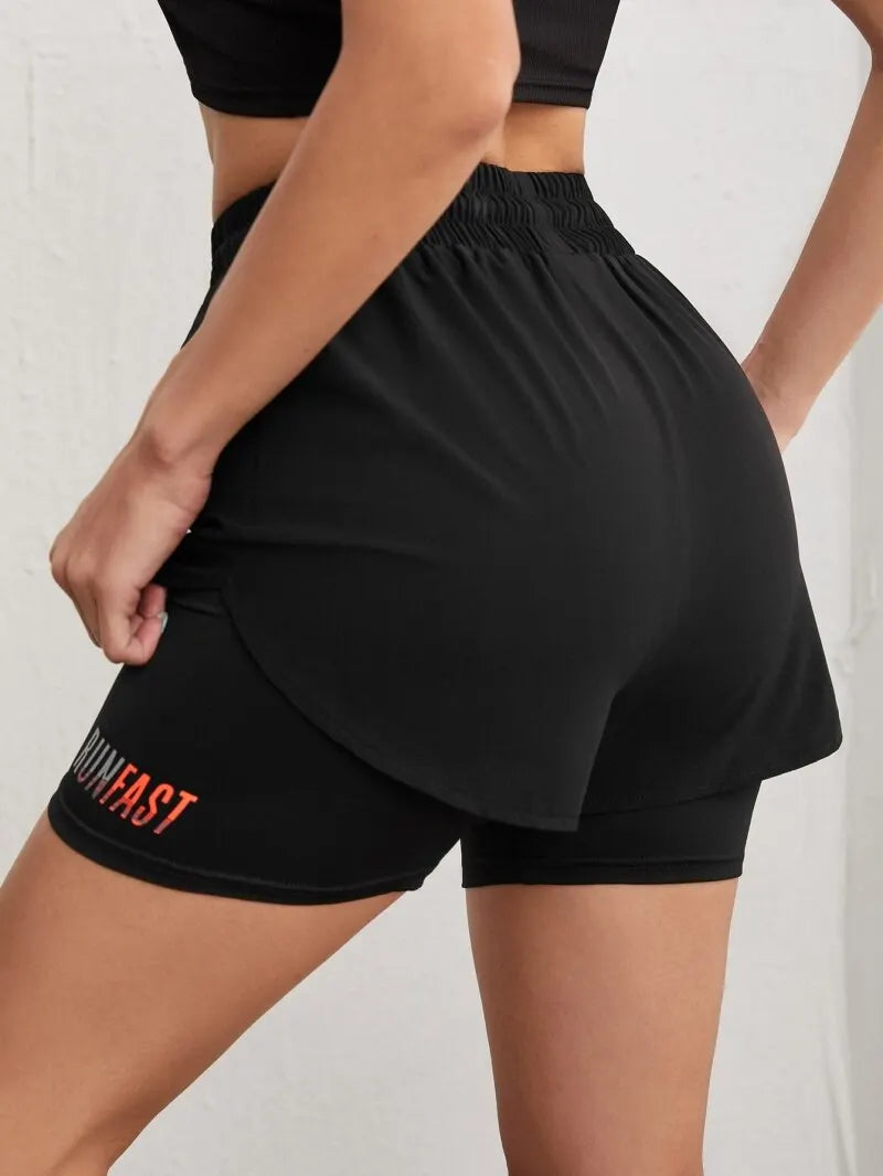 Damen-Yoga-Shorts mit hohem Bund und elastischer Laufshorts mit Näherungskontrolle, gefälschte zweiteilige Hose