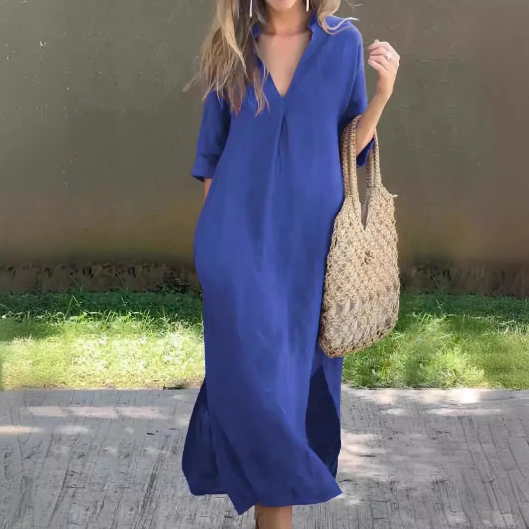 Mode V-ausschnitt halbe Hülse Solide Lange Kleid Frauen 2024 Sommer Elegante Vintage Tasche Seite Baumwolle Leinen Kleider Für Frauen