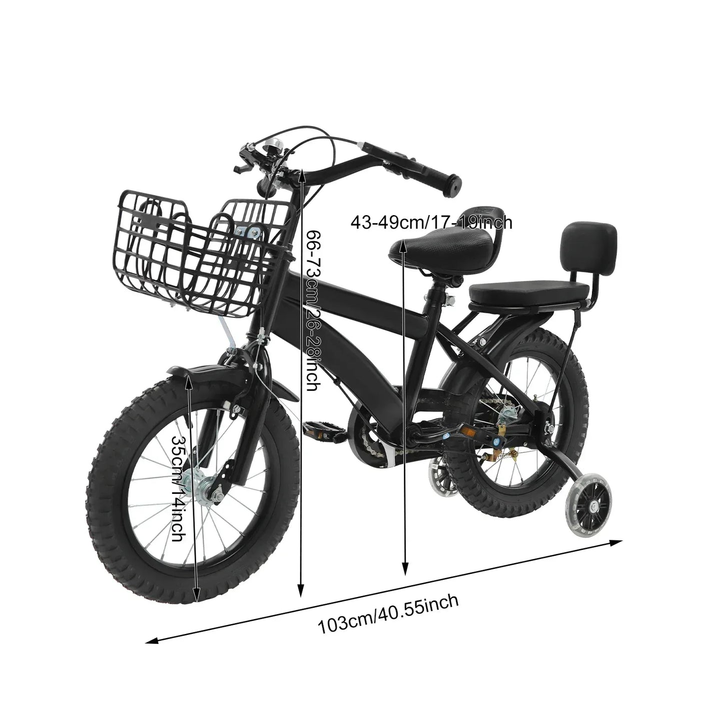 Kinderfahrrad 14 Zoll mit Korb & Rückenlehne – Höhenverstellbar, Stützräder, bis 60 kg belastbar für Kinder 3-7 Jahre - FUXLShop