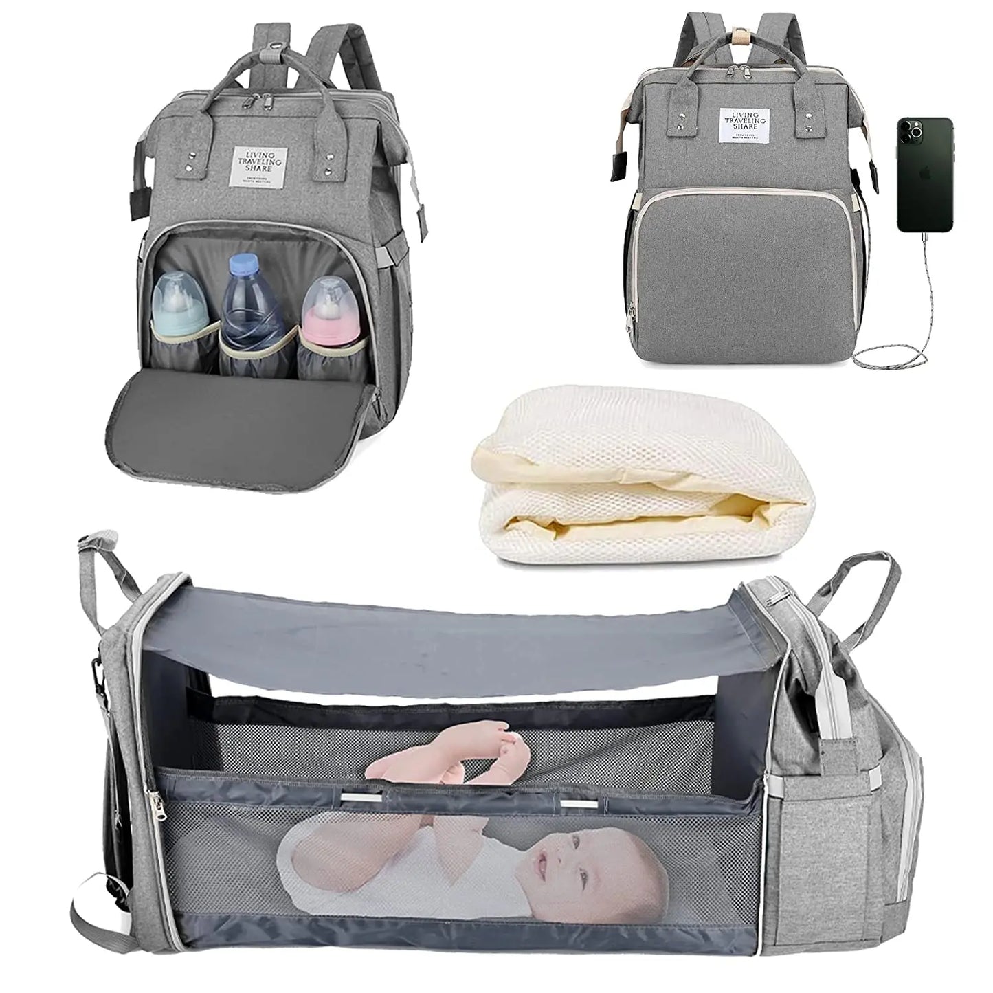 3-in-1-Wickeltasche-Rucksack, faltbares Babybett, wasserdichte Reisetasche mit USB-Aufladung, Wickeltasche-Rucksack mit Wickelbett, 3 Arten - FUXL-Shopify