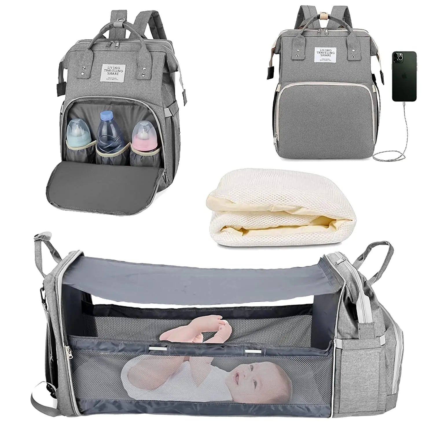 3-in-1-Wickeltasche-Rucksack, faltbares Babybett, wasserdichte Reisetasche mit USB-Aufladung, Wickeltasche-Rucksack mit Wickelbett, 3 Arten - FUXL-Shopify