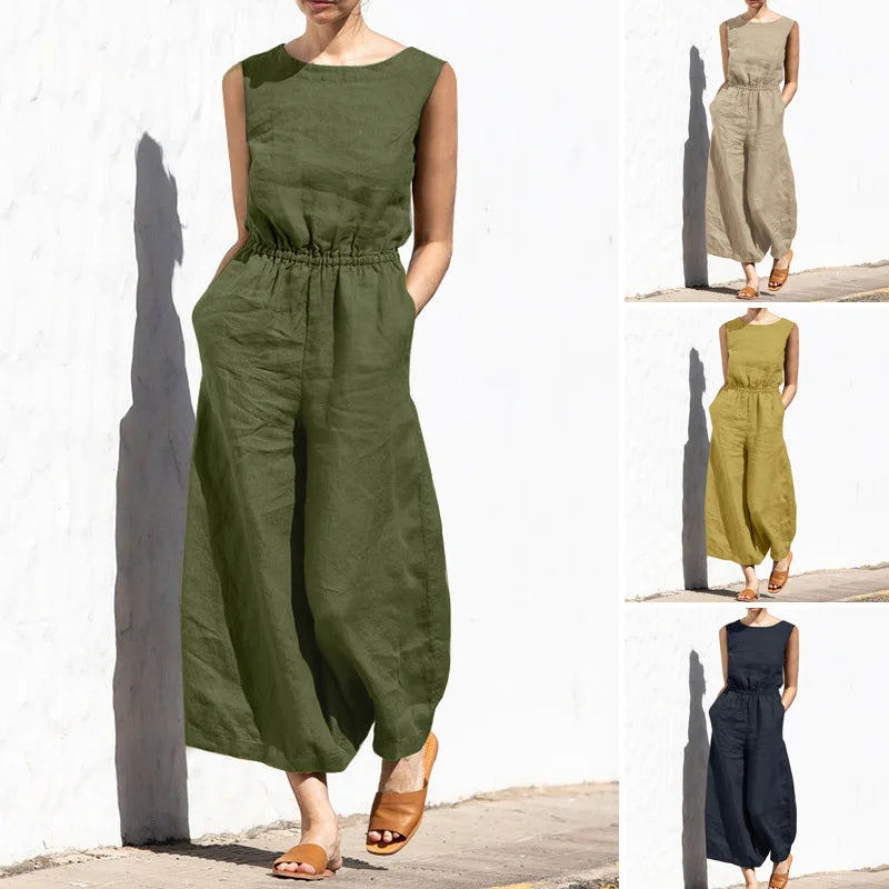 Baumwolle Und Leinen Overall Frauen Einfarbig Ärmellose Tasche Hohe Taille Breite Beine Overalls Casual Pendeln Damen Bodys