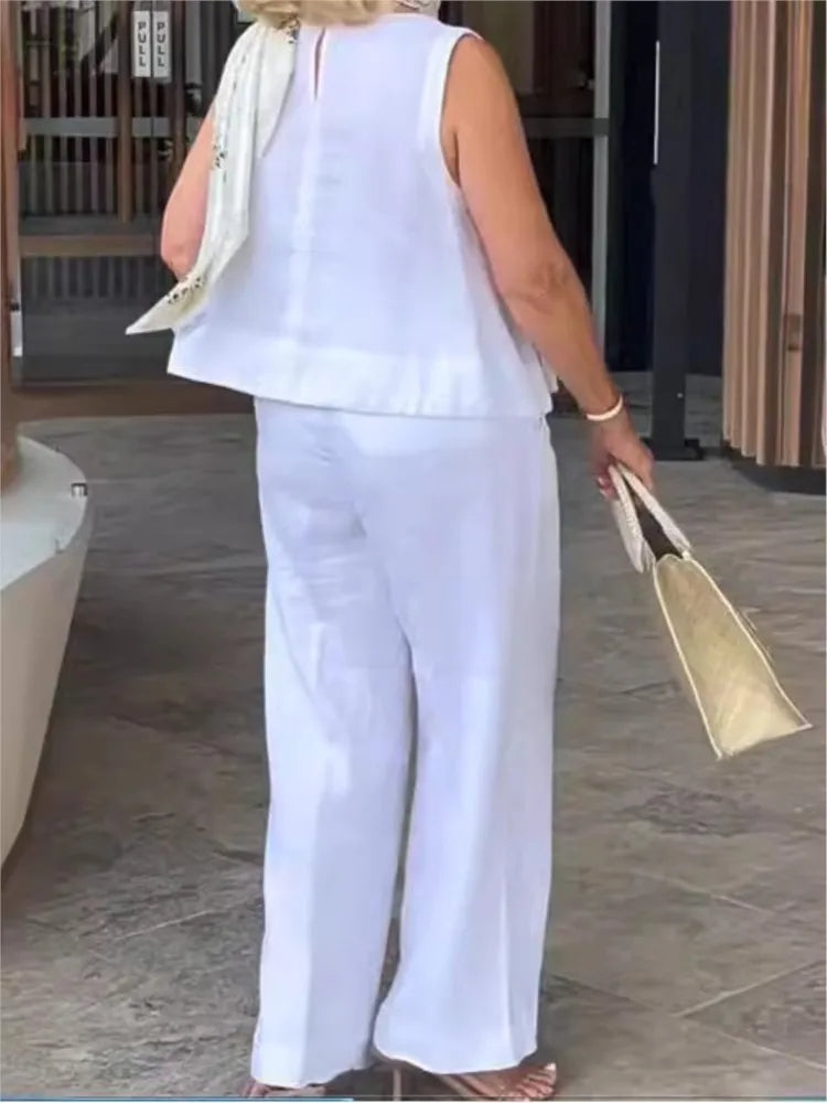 Einfache Baumwolle Leinen frauen Anzüge Sommer Mode Ärmellose Lose Bluse Breite Bein Hosen Zwei Stück Set Für Frauen Casual Outfits