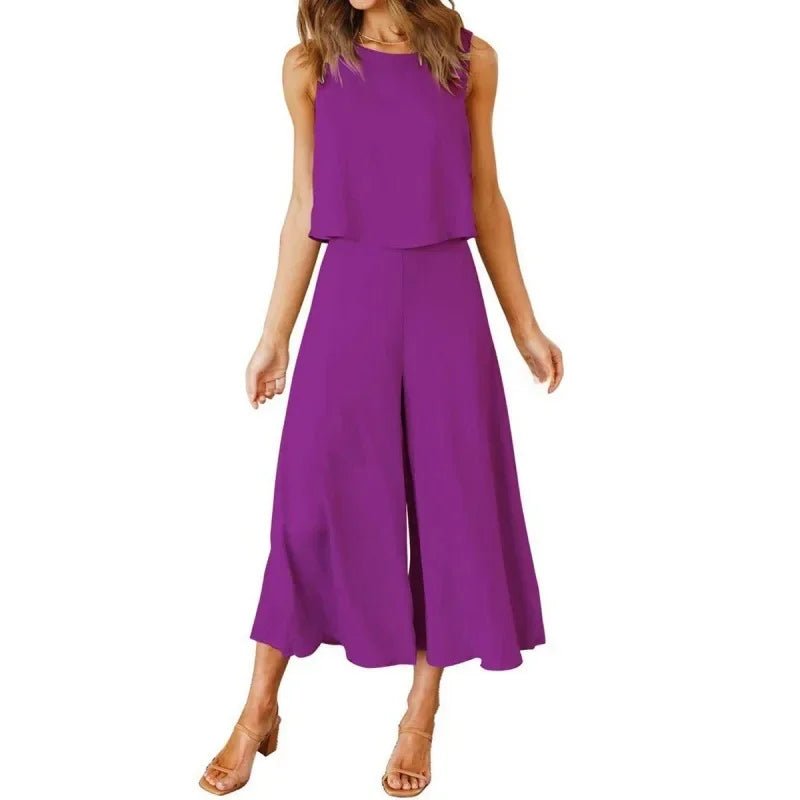 Neue 2025 frauen Sommer 2 Stück Set rundhals Kurze Reine Farbe Breite Bein Hosen Anzug Elegante Modische Casual komfortable - FUXL - Shopify