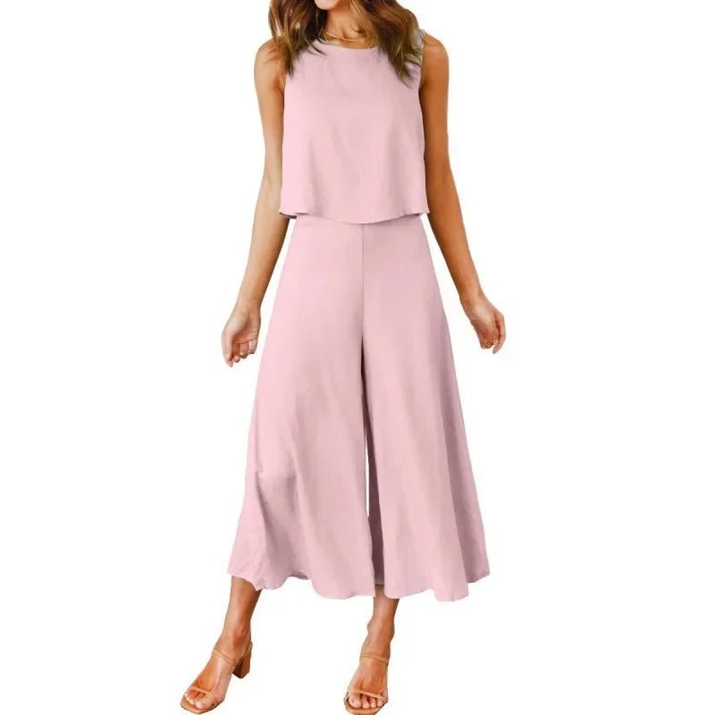 Neue 2025 frauen Sommer 2 Stück Set rundhals Kurze Reine Farbe Breite Bein Hosen Anzug Elegante Modische Casual komfortable - FUXL - Shopify