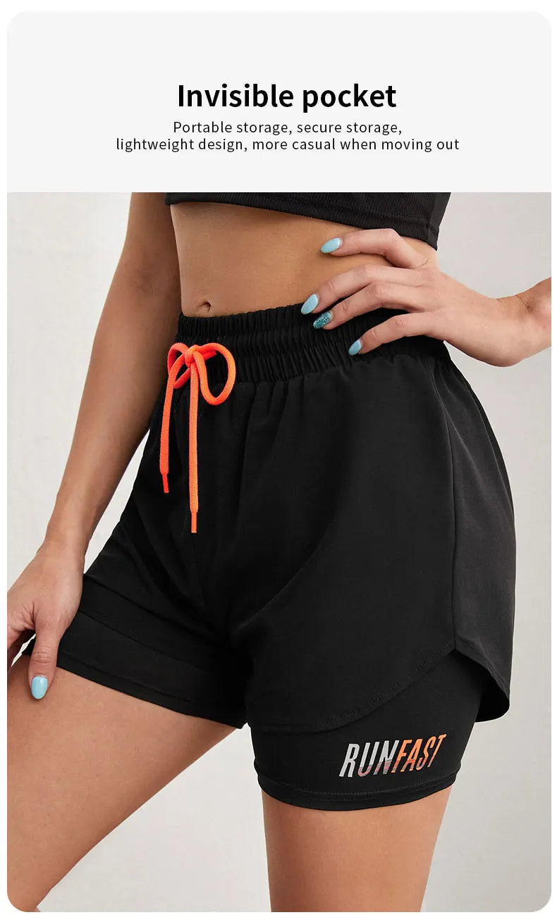 Damen-Yoga-Shorts mit hohem Bund und elastischer Laufshorts mit Näherungskontrolle, gefälschte zweiteilige Hose