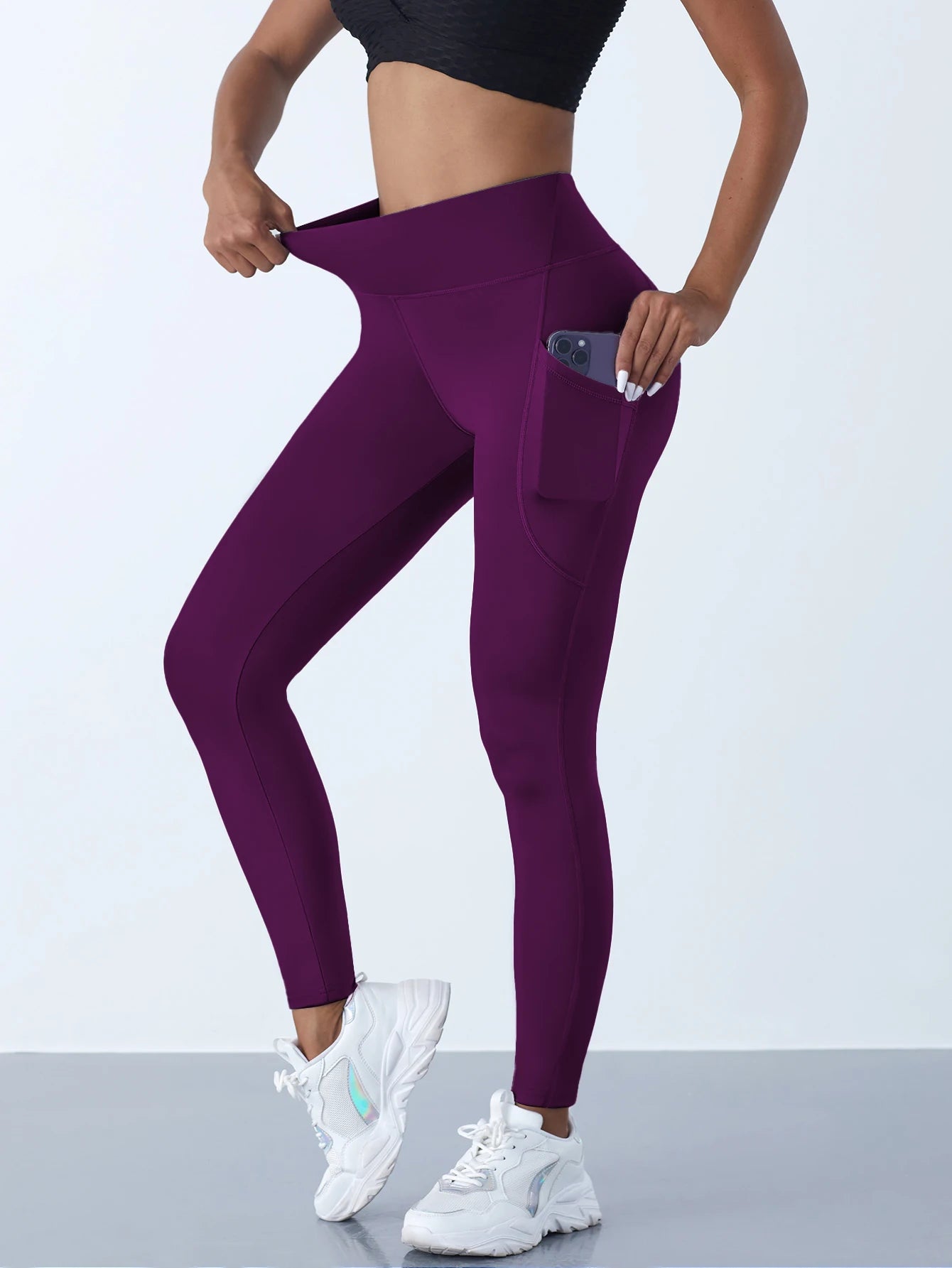 Neue Hohe Taille frauen Leggings Stretch Yoga Hosen Strumpfhosen Mit Taschen Push-Up Fitness Laufsport Einfarbig Hosen