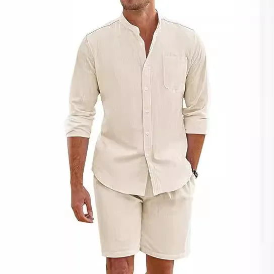 Sommer männer Casual Sets Atmungsaktive Baumwolle Leinen Vintage Stehkragen Shirts + Shorts Sets Männer Atmungsaktivem Strand Anzüge