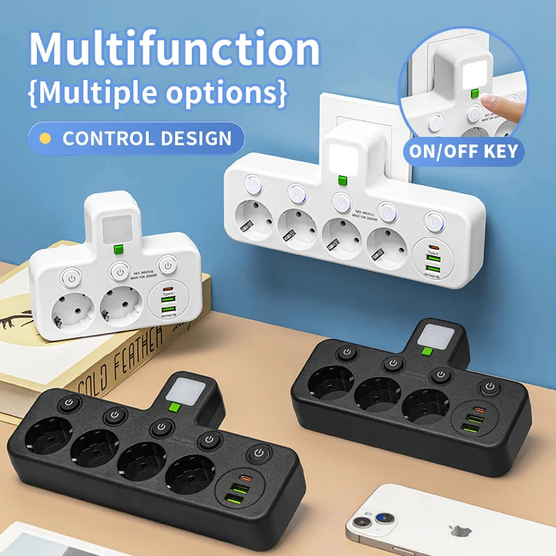 EU-Stecker, Steckdose, 5 Steckdosen, Steckdose, kein Verlängerungskabel, mit oder ohne ihn, USB-Typ-C-Anschlüsse, zwei Spezifikationen