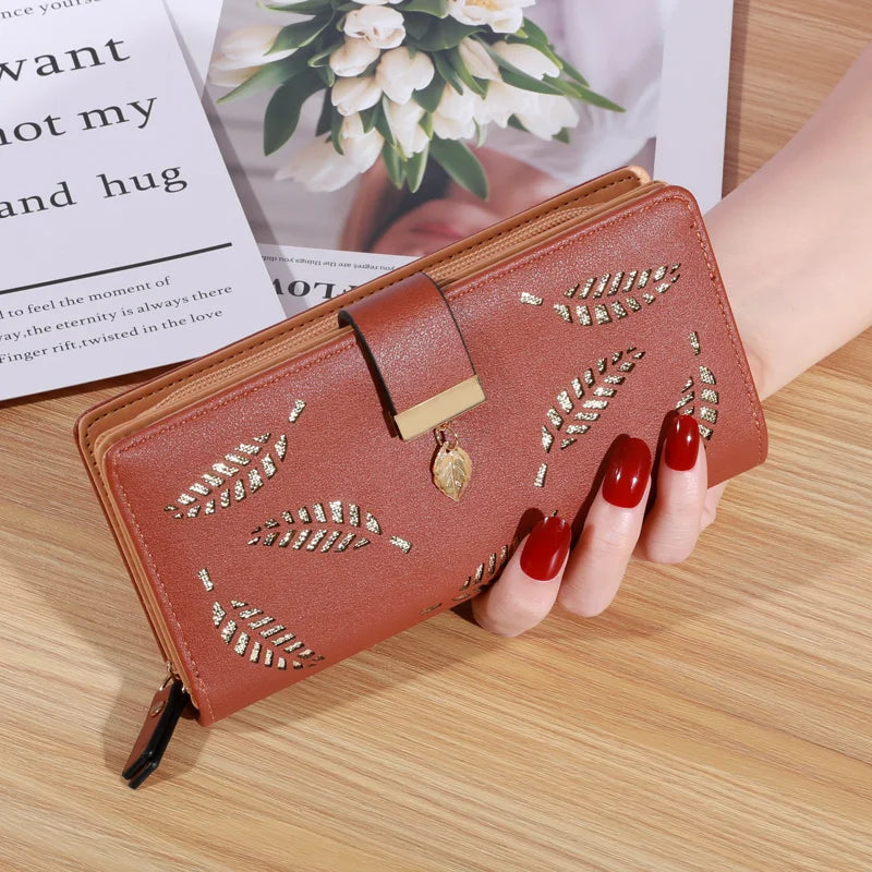 Frauen Brieftasche PU Leder Geldbörse Weibliche Lange Brieftasche Gold Hohl Blätter Beutel Handtasche Für Frauen Geldbörse Karte Halter Kupplung