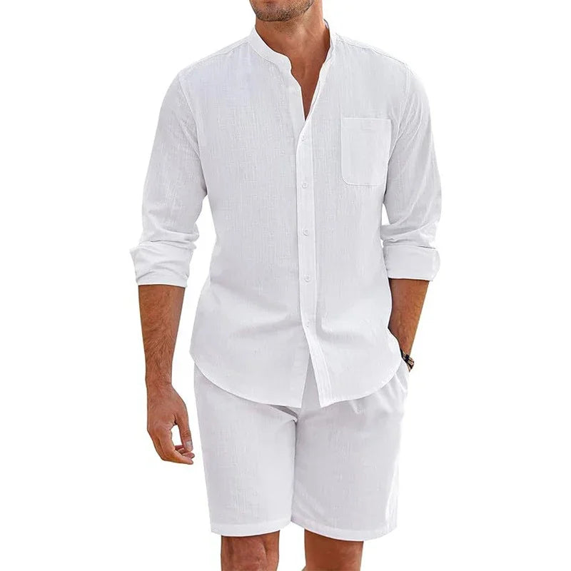 Sommer männer Casual Sets Atmungsaktive Baumwolle Leinen Vintage Stehkragen Shirts + Shorts Sets Männer Atmungsaktivem Strand Anzüge