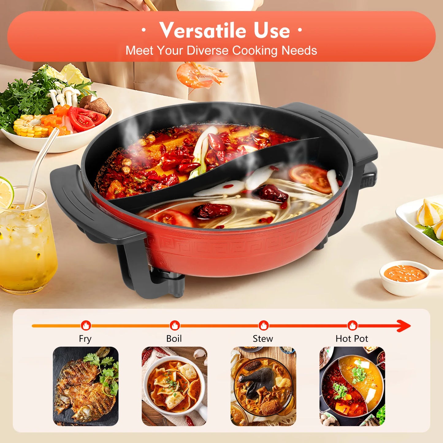 6L Haushalts-Hot Pot 1360 W 220 V elektrischer Kochtopf Bratpfanne Eintopftopf 2 Fächer Antihaft-Hotpot Temperatur einstellbar