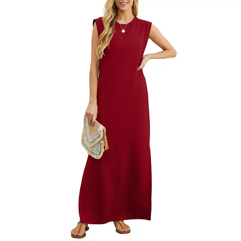 Damen Sommer lässig locker Sommerkleid langes Kleid ärmellose Rundhals ausschnitt Split T-Shirt Maxi kleider falten frei mit Tasche