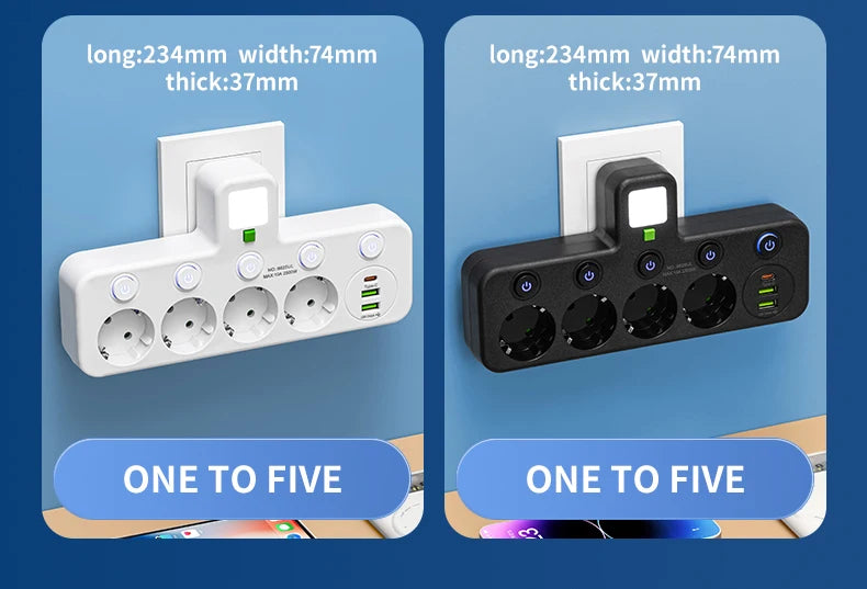 EU-Stecker, Steckdose, 5 Steckdosen, Steckdose, kein Verlängerungskabel, mit oder ohne ihn, USB-Typ-C-Anschlüsse, zwei Spezifikationen