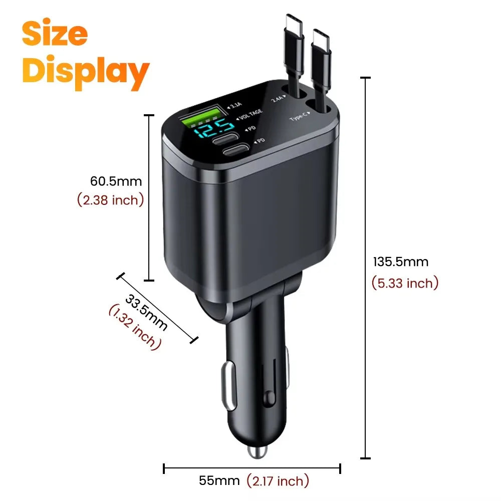 150 W Auto-Ladegerät-Adapter, 5-in-1, schnelles Laden, USB-Typ-C-Autoladegerät mit einziehbaren Typ-C-Kabeln für iPhone, Huawei, Samsung