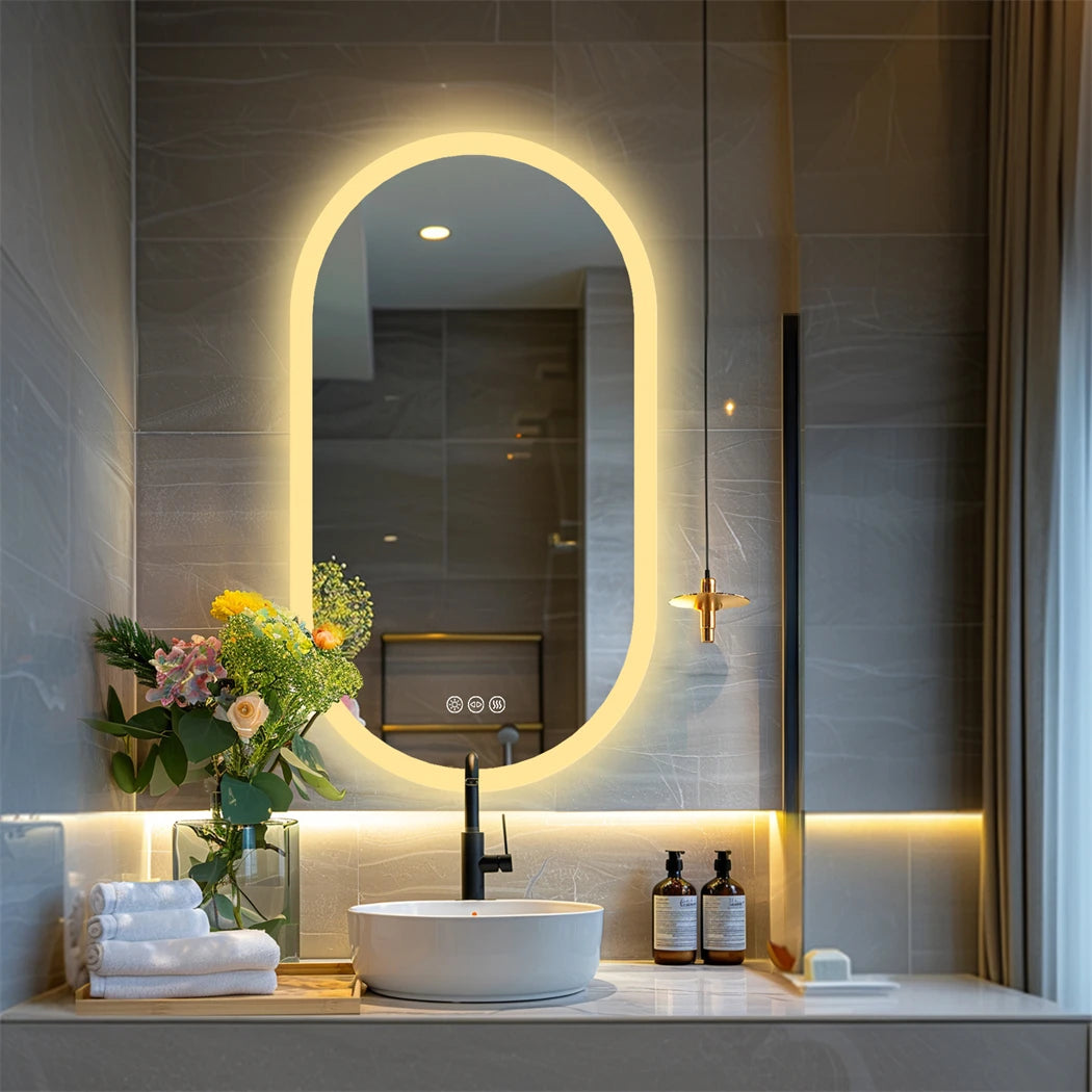 Ovaler LED-Badezimmerspiegel, 500 x 1000 mm, Wand-Kosmetikspiegel mit Antibeschlag, 3 Farben, dimmbare Beleuchtung, Smart Switch-Speicherfunktion