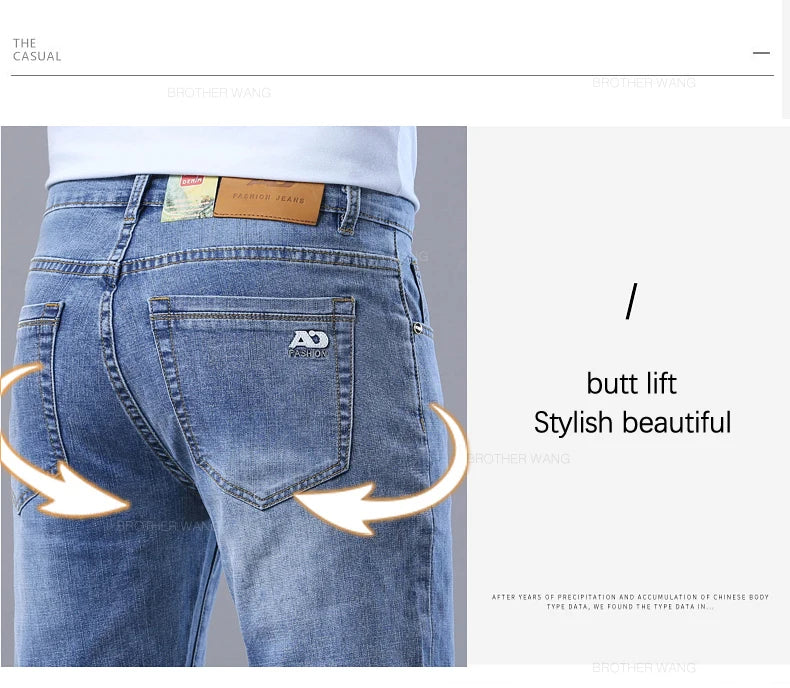 Frühlings-Herren-Jeans in Hellblau, schmal, stilvoll, lässig, Stretch-Stoff, Denim-Hose, klassische Hose, Rauchgrau