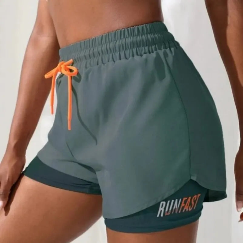 Damen-Yoga-Shorts mit hohem Bund und elastischer Laufshorts mit Näherungskontrolle, gefälschte zweiteilige Hose