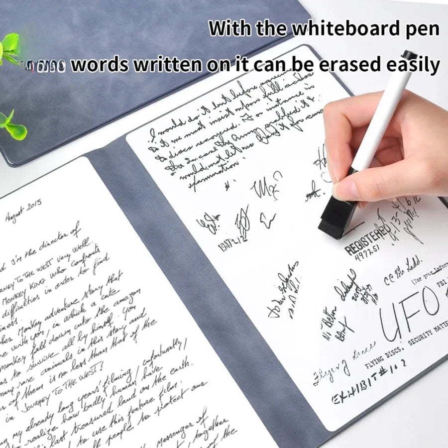 A5 wiederverwendbares Whiteboard-Notizbuch-Set mit Whiteboard-Stift, Löschtuch, Leder, Notizblock, Wochenplaner, tragbar, stilvoll, Büro