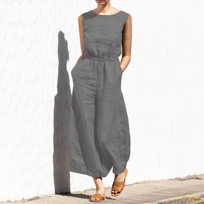 Baumwolle Und Leinen Overall Frauen Einfarbig Ärmellose Tasche Hohe Taille Breite Beine Overalls Casual Pendeln Damen Bodys