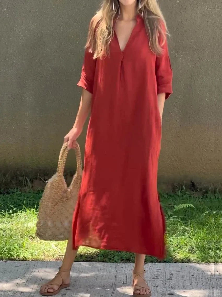 Mode V-ausschnitt halbe Hülse Solide Lange Kleid Frauen 2024 Sommer Elegante Vintage Tasche Seite Baumwolle Leinen Kleider Für Frauen