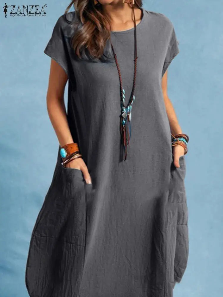ZANZEA Oversized Vintage Sommerkleid – Kurzarm, Knielang, Baumwolle