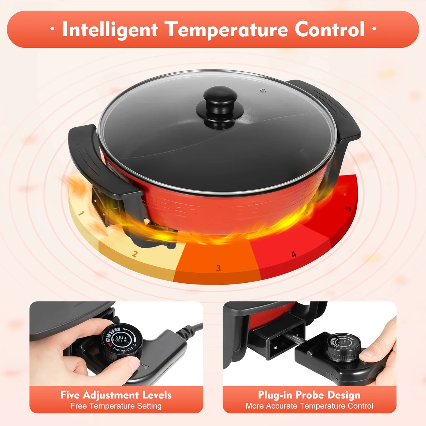 6L Haushalts-Hot Pot 1360 W 220 V elektrischer Kochtopf Bratpfanne Eintopftopf 2 Fächer Antihaft-Hotpot Temperatur einstellbar