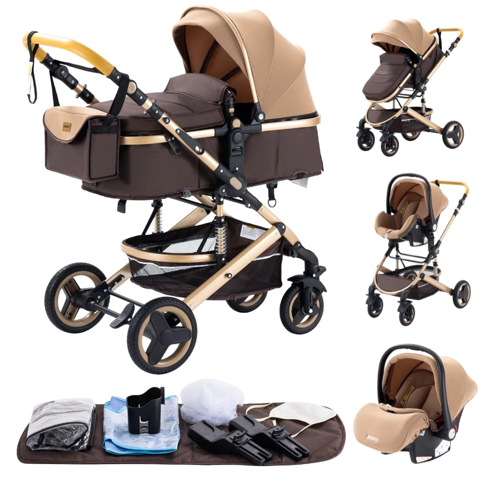 Poussette Luxueuse 3' und 1 Pour Nouveau-Ne,pade de Journey und Pliable, Cadre Aluminium, Landau, Capote Rabattable