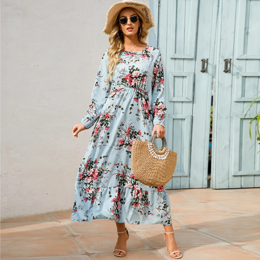 FUXL Bohemian Maxi Kleid – Langarm Chiffon Blumenkleid (Mid-Calf, Lockere Passform) - FUXL-Shopify