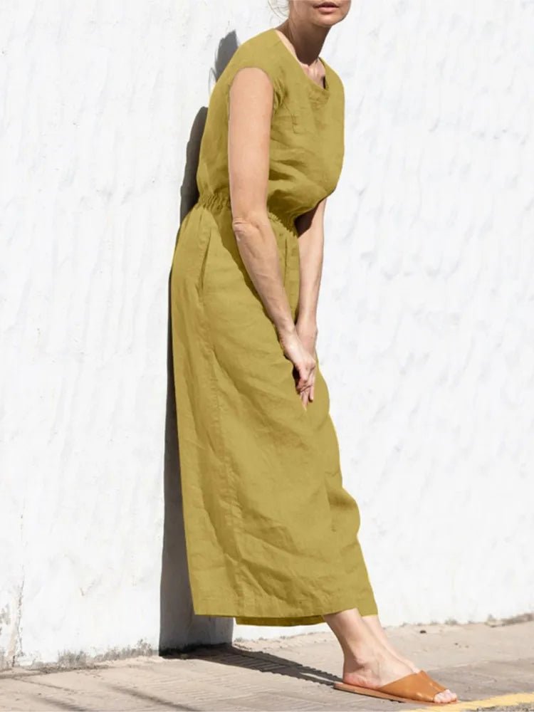 Baumwolle Und Leinen Overall Frauen Einfarbig Ärmellose Tasche Hohe Taille Breite Beine Overalls Casual Pendeln Damen Bodys