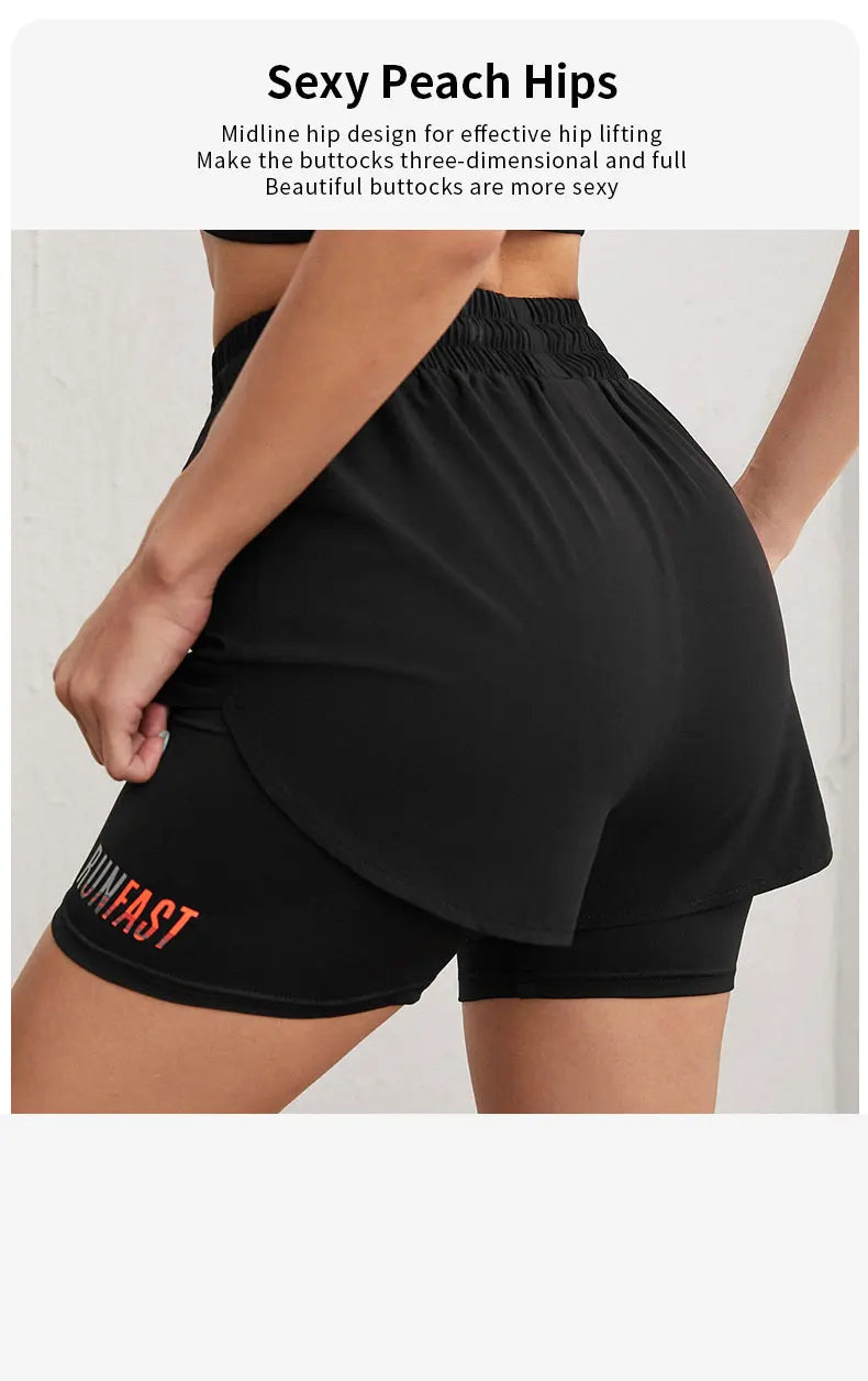 Damen-Yoga-Shorts mit hohem Bund und elastischer Laufshorts mit Näherungskontrolle, gefälschte zweiteilige Hose