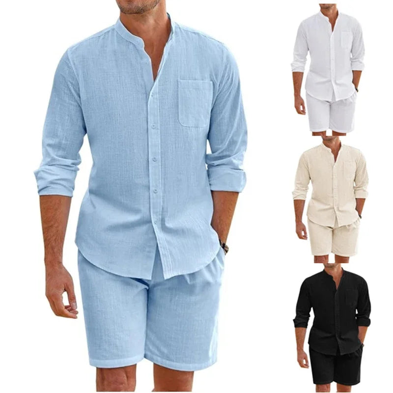 Sommer männer Casual Sets Atmungsaktive Baumwolle Leinen Vintage Stehkragen Shirts + Shorts Sets Männer Atmungsaktivem Strand Anzüge