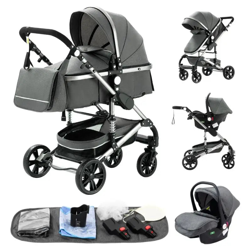 Poussette Luxueuse 3' und 1 Pour Nouveau-Ne,pade de Journey und Pliable, Cadre Aluminium, Landau, Capote Rabattable