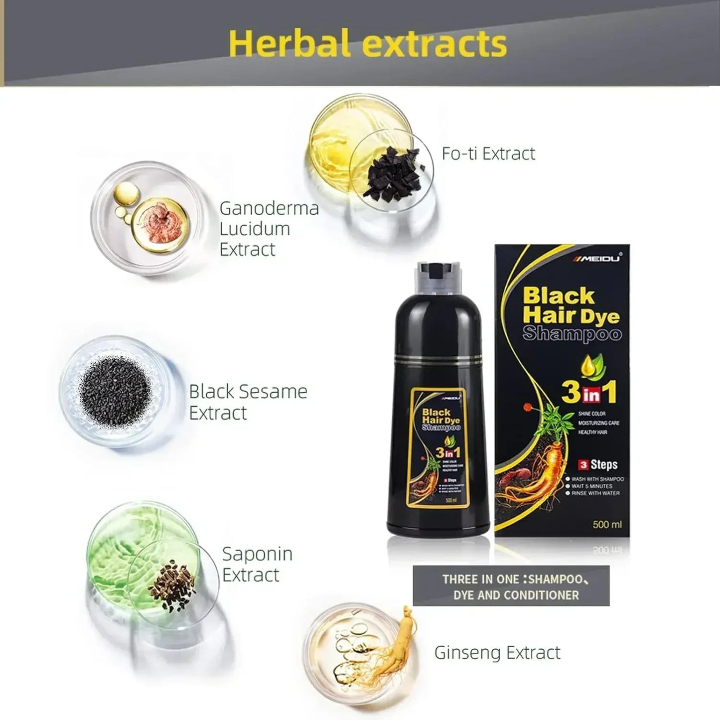 Haarfärbe-Shampoo Grau zu Schwarz - Natürliche Coloration 100ml/500ml